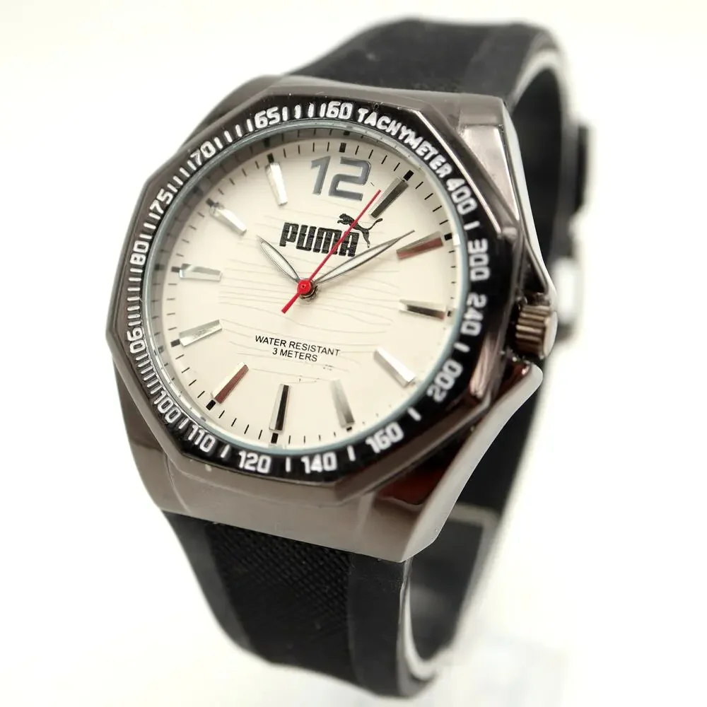 Puma Men's Black Sport Analog 44mm Watch White Dial Silicone Strap w New Battery